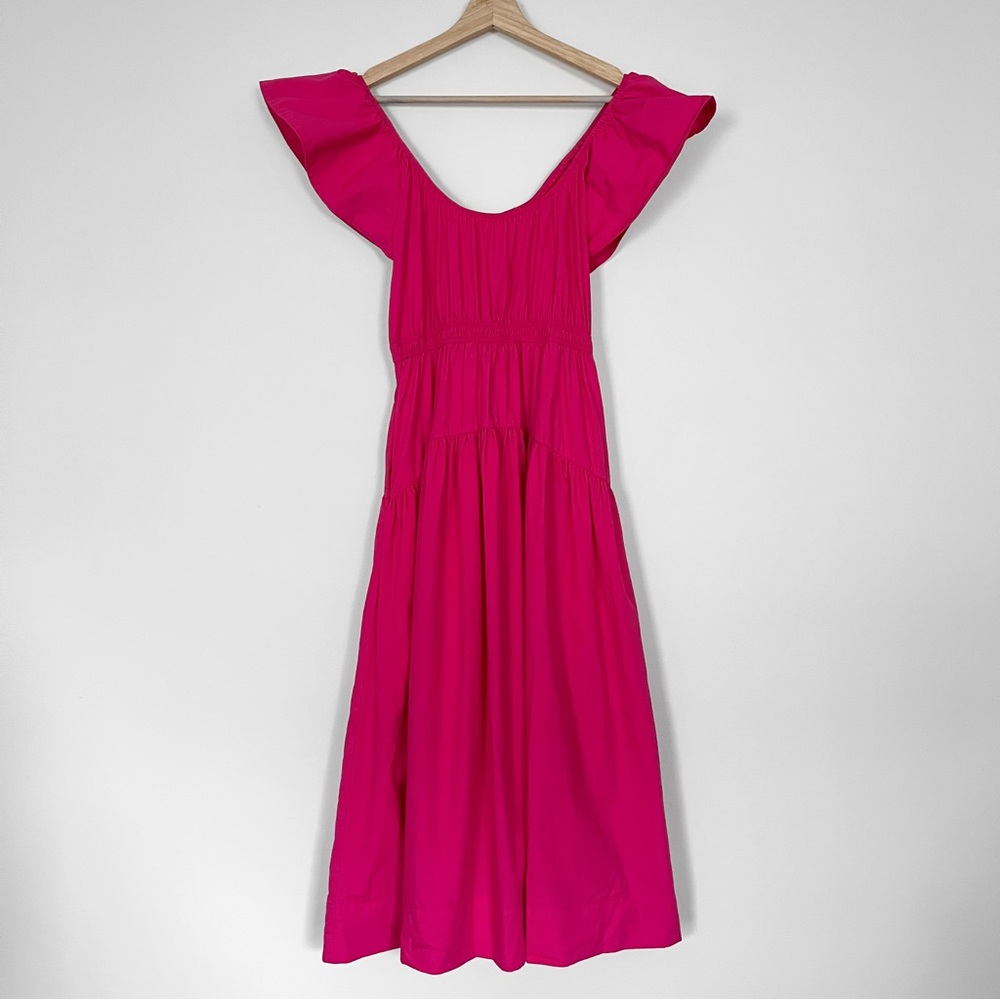 MAREA by Liz Joy Bright Pink Jane Midi Dress with Ruffle Sleeves Tiered Skirt